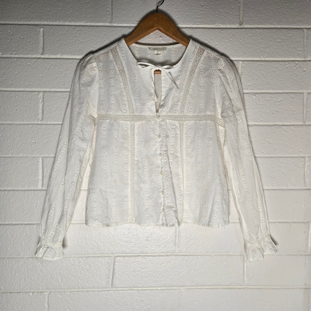 Treasure & Bond Eyelet Lace Blouse Medium White Cotton Boho Peasant Top‎ Cottage